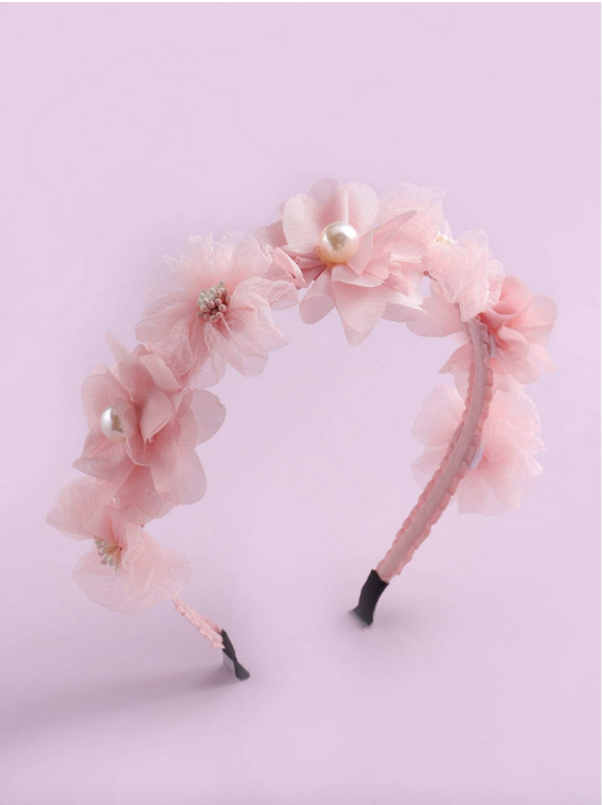 κορδέλα μαλλιών για κορίτσια, ροζ κορδέλα, λουλούδια και μαργαριτάρια, αξεσουάρ για μαλλιά, επίσημες εμφανίσεις, γάμος, γενέθλια, φωτογράφιση, ρομαντικά αξεσουάρ