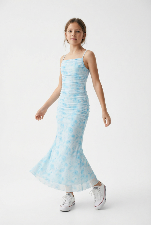 Γαλάζια Νεφέλη παιδικό maxi φόρεμα σε μπλε λουλουδάτο μοτίβο
