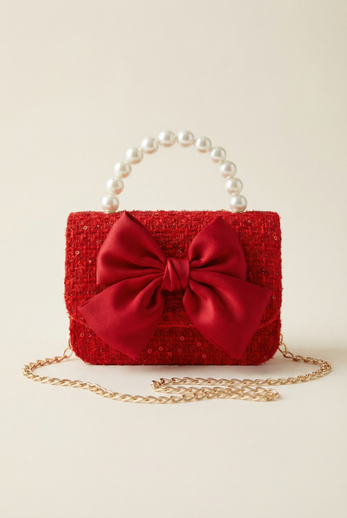 τσάντα κοριτσιού, κόκκινη τσάντα, τσάντα με φιόγκο, μαργαριταρένιο χερούλι, κοριτσίστικη τσάντα, κομψά αξεσουάρ για κορίτσια, παιδική μόδα, δώρο για κορίτσι